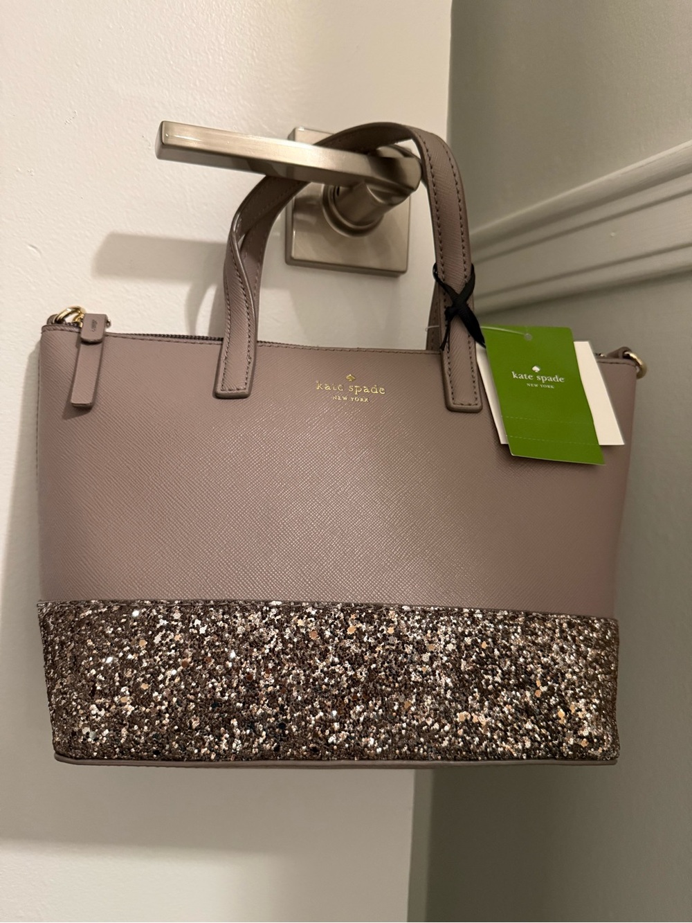 Kate Spade New York Ina Greta Court Taupe/Gray Glitter Cross Body Bag NWT